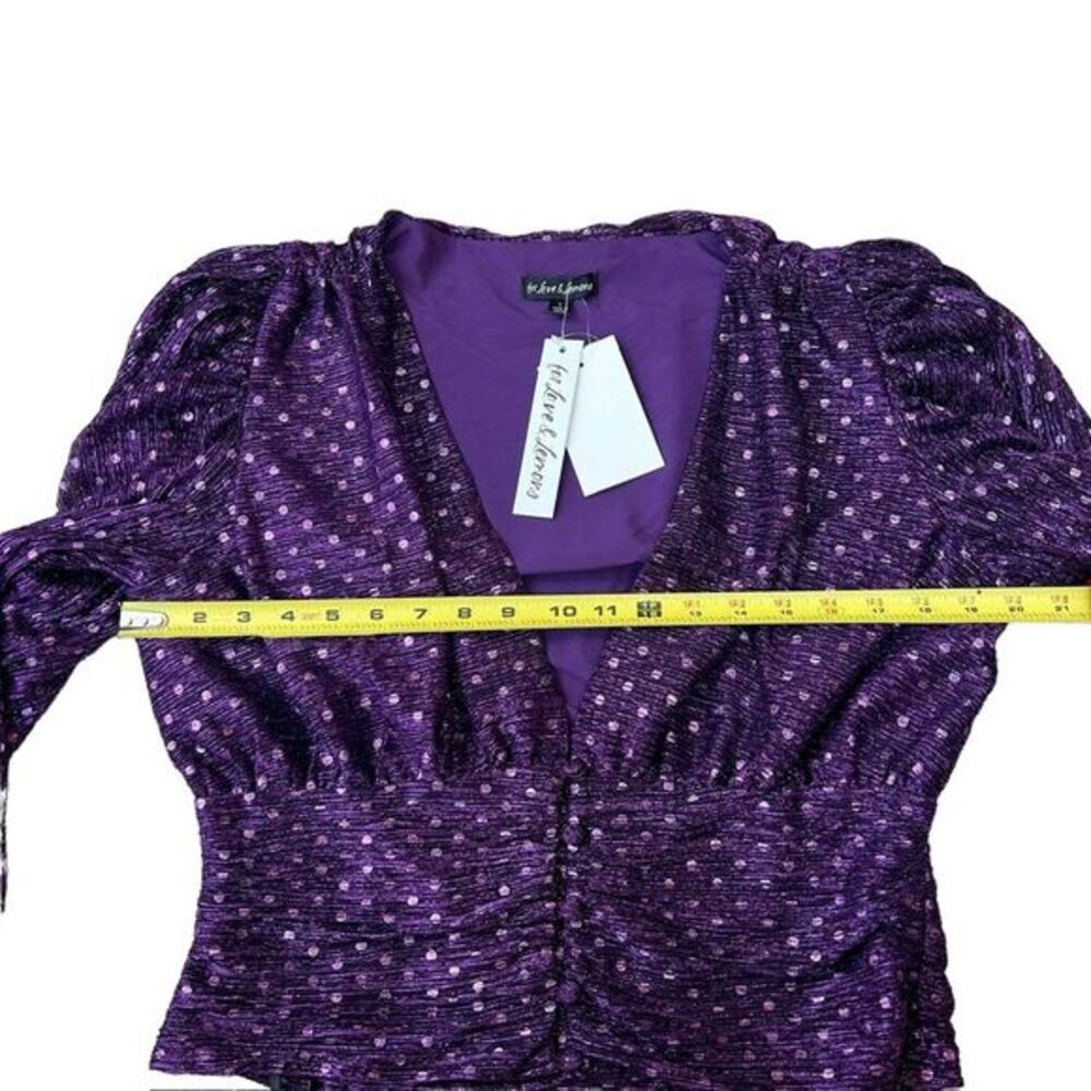For Love & Lemons Womens L Purple La Vilette Metallic Puff Sleeve Top Plunge New - Picture 9 of 10